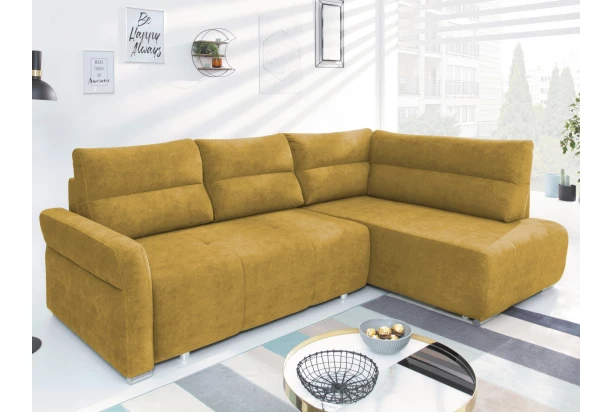 Rohová sedačka na trvalé spanie Island,horčicová žltá látka, pravý roh