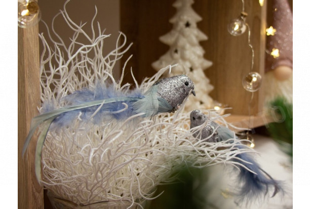 Vianočné ozdoby (2 ks) Strieborno-modrý vtáčik, 15 cm