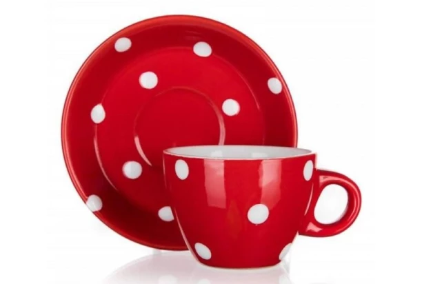 Šálka s tanierikom Dots 290 ml, červená bodkovaná