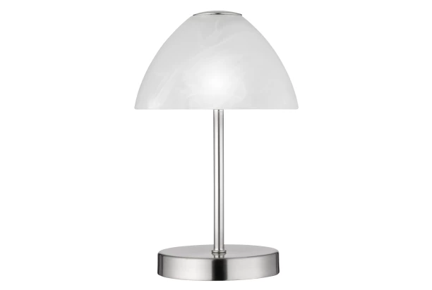 Stolná LED lampa Queen 24 cm, matný nikel/biele sklo
