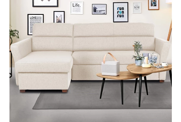 Rohová sedacia súprava Livia, svetlo béžová látka, ľavý roh