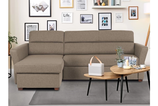 Rohová sedacia sú prava Livia, svetlo hnedá látka,ľavý roh