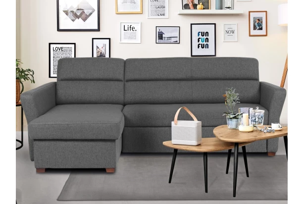 Rohová sedacia súprava Livia, tmavo šedá látka, ľaý roh