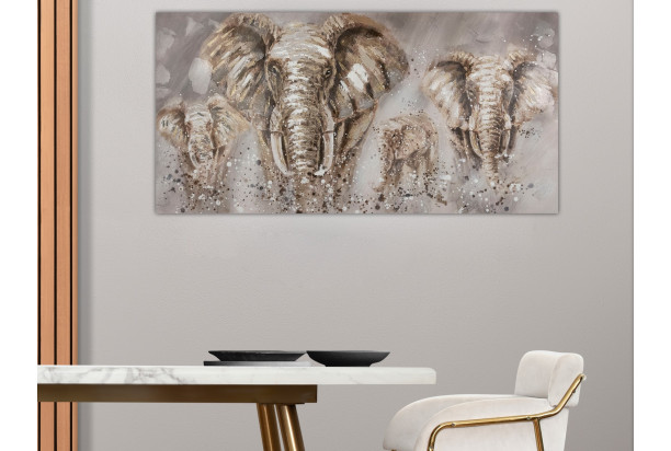 Ručne maľovaný obraz Stádo slonov, 140x70 cm