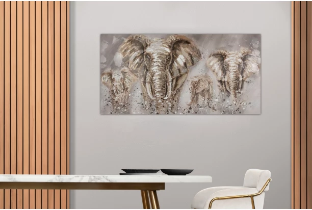 Ručne maľovaný obraz Stádo slonov, 140x70 cm