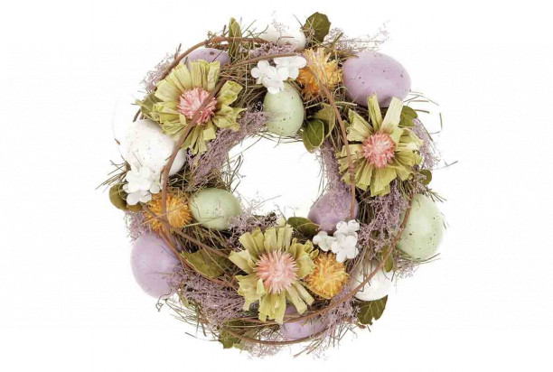 Veľkonočná dekorácia Veniec s vajíčkami a kvetmi, 22 cm
