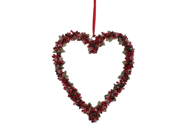 Závesná dekorácia Srdce s omrznutými bobuľami 25 cm, červené
