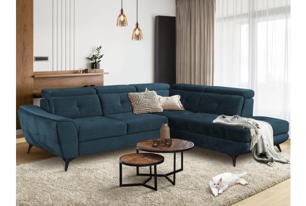 Rohová sedacia súprava Sergio, námornícka modrá látka, pravý roh