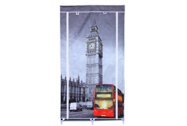 Látková šatníková skriňa London bus, sivá s autobusom