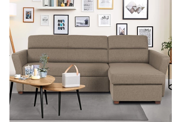 Rohová sedacia súprava Livia, svetlo hnedá látka, pravý roh