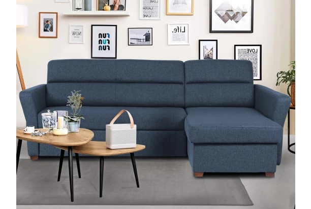 Rohová sedacia súprava Livia, námornícka modrá látka, pravý roh