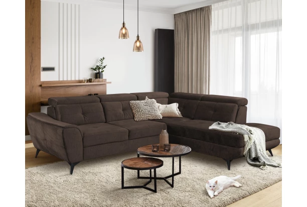 Rohová sedacia súprava Sergio, tmavo hnedá látka, pravý roh