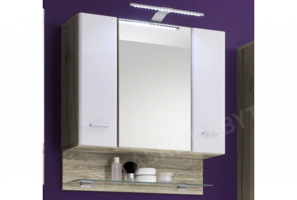 Kúpeľňová skrinka so zrkadlom Barolo, s osvětlením, dub san remo/lesklá biela