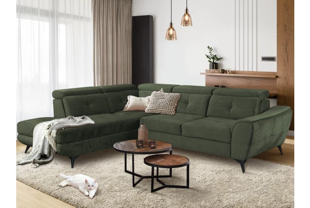 Rohová sedacia súprava Sergio, machovo zelená látka, ľavý roh