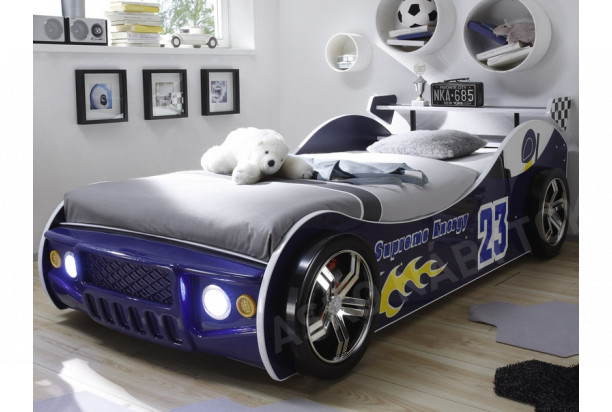 Detská pretekárska posteľ Energy 90x200 cm, modré auto s osvetlením
