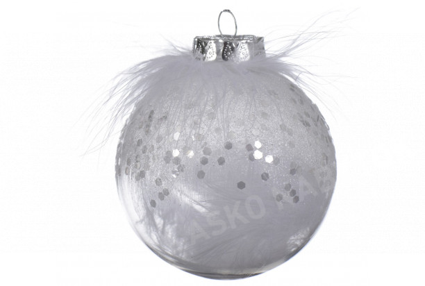 Vianočná ozdoba priehľadná guľa s perím, 8 cm