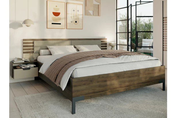Posteľ s nočnými stolikmi Barea 180x200, béžová/dub atlantic