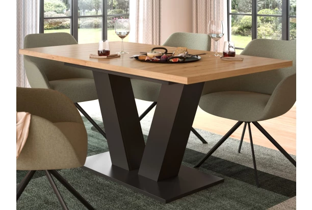 Rozkladací jedálenský stôl Moteon 150x90 cm, dub artisan/sivý, podnož V