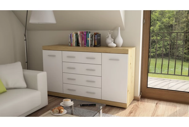 Komoda so zásuvkami Ares 150 cm, dub artisan/biela
