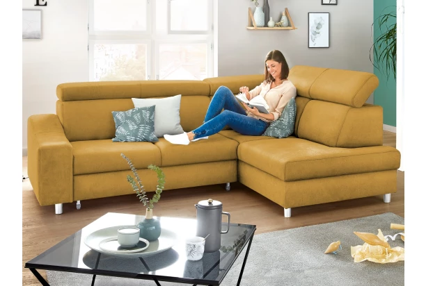 Rohová sedacia súprava Brico, žltá karí látka, pravý roh