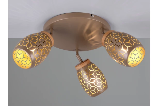Stropné osvetlenie Bidar, medený kov/drevo, 3 svietidlá