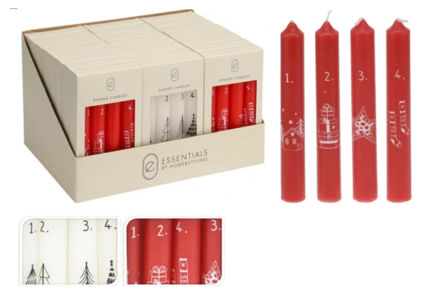 Vianočné sviečky (4 ks) Adventný čas, červená/biela
