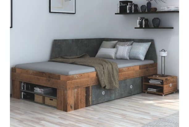 Úložná posteľ Junior 120x200 cm, vintage optika dreva/tmavý betón