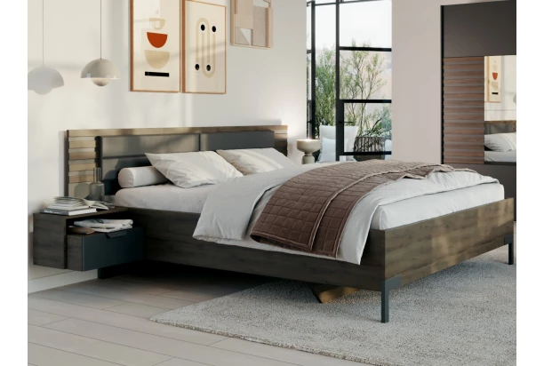Posteľ s nočnými stolíkmi Barea 180x200, tmavo šedá/dub atlantic