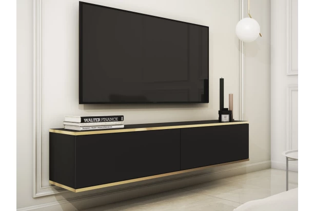Závesná TV skrinka Orfeo, 135 cm, čierna / zlatá