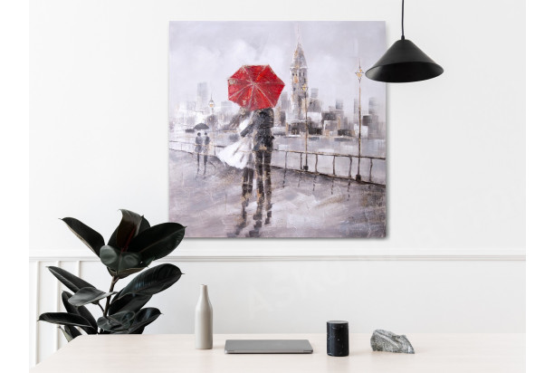 Ručne maľovaný obraz Pár pod dáždnikom 80x80 cm, 3D štruktúra