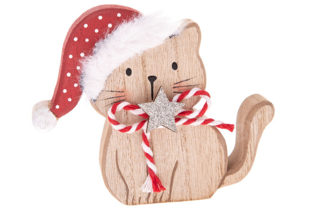 Vianočné dekorácie Mačka s čiapkou a hviezdou, 10 cm