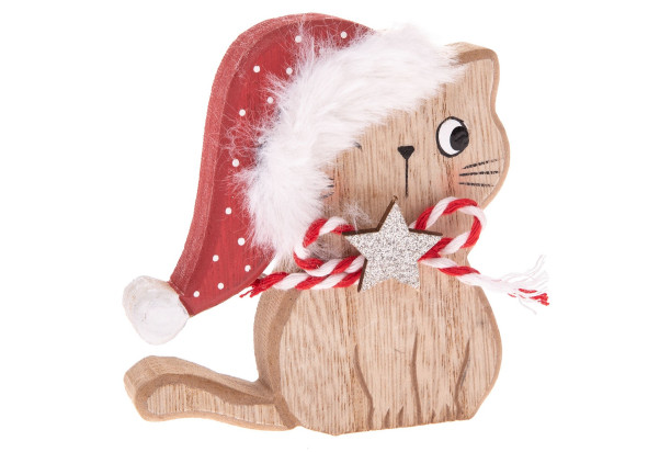 Vianočné dekorácie Mačka s čiapkou a hviezdou, 9 cm