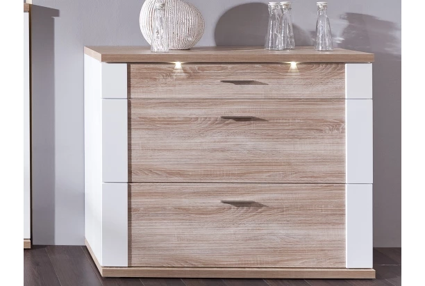 Komoda so zásuvkami Caracas, dub/biela lesk, s osvetlením