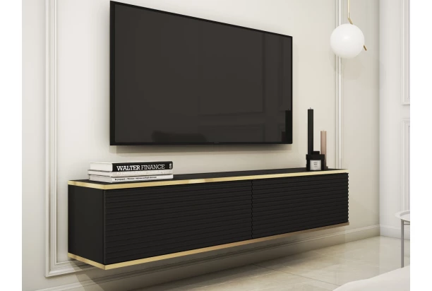 Závesná TV skrinka Orfeo, 135 cm, čierna štruktúra / zlatá