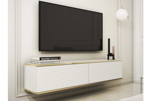 Závesná TV skrinka Orfeo, 135 cm, biela štruktúra/zlatá