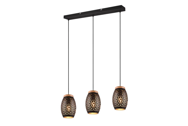 Závesné stropné osvetlenie Bidar 71 cm, černý kov/dřevo, 3 svítidla