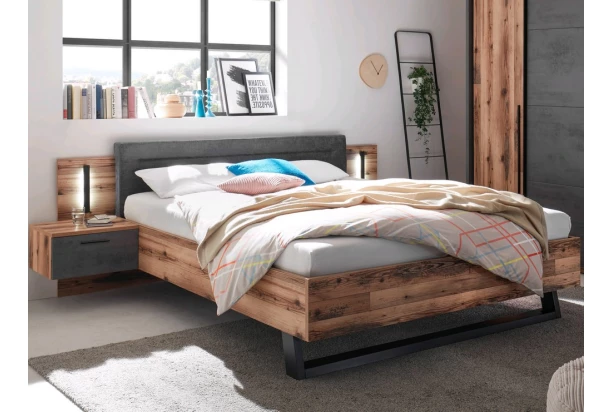 Posteľ s nočnými stolíkmi Sarnia 180x200 cm, zrubová doska/tmavý betón