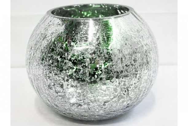 Skleněný svietnik efekt prasklín, strieborno-zelený, 15 cm