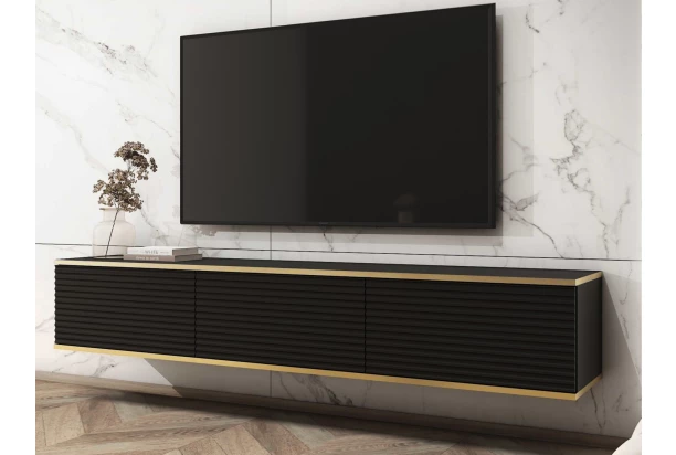 Závesná TV skrinka Orfeo, 175 cm, čierna štruktúra / zlatá