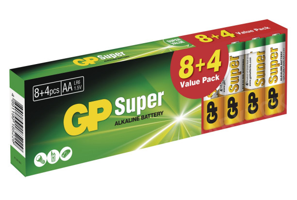 Alkalické baterie GP Super AA (LR6) 8+4 ks