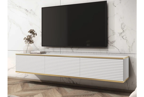 Závesná TV skrinka Orfeo, 175 cm, biela štruktúra/zlatá