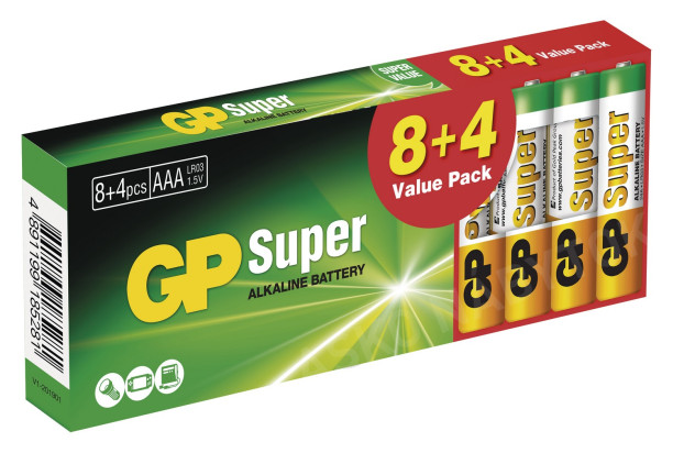 Alkalické batérie GP Super AAA (LR03) 8+4 ks