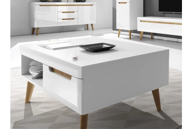 Konferenčný stolík so zásuvkami Nordi, dub riviera/biela lesk