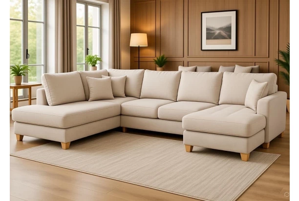 Sedačka Split, krémová látka, tvar ľavé U, bez rozkladu