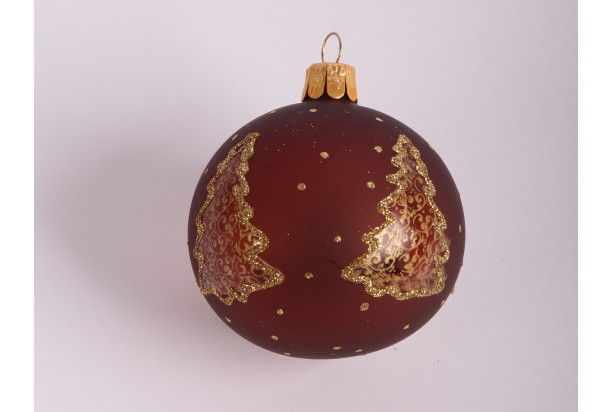 Vianočná ozdoba Hnedá guľa so stromčekmi 7 cm, sklo