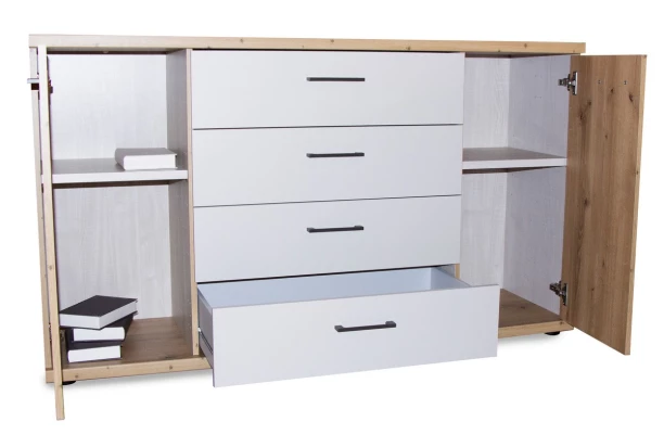 Široká komoda Kanada, 149 cm, dub bianco/šedá