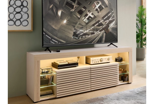 TV stolík Goal, béžová kašmír/dub riva, s osvetlením