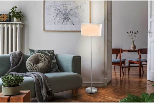 Stojaca lampa Lee, svetlo béžová látka