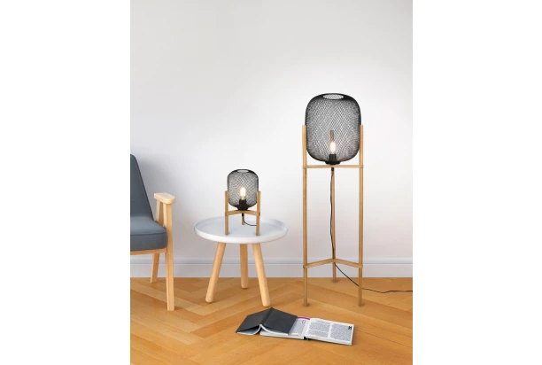 Stolová lampa Calimero, drevo, drôtené tienidlo