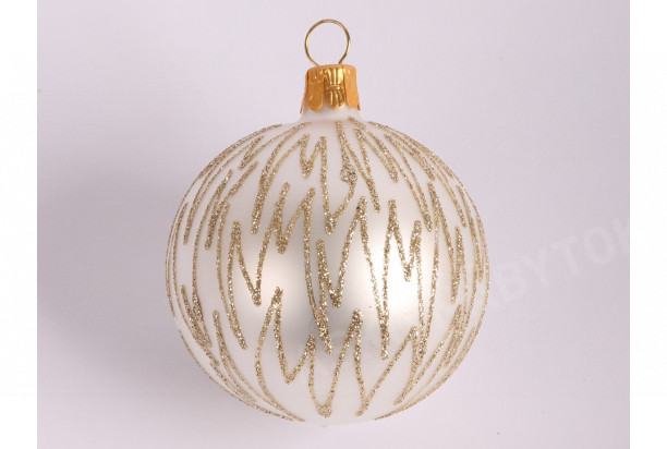 Vianočná ozdoba Sklenená guľa 7 cm, biela so zlatým vzorom